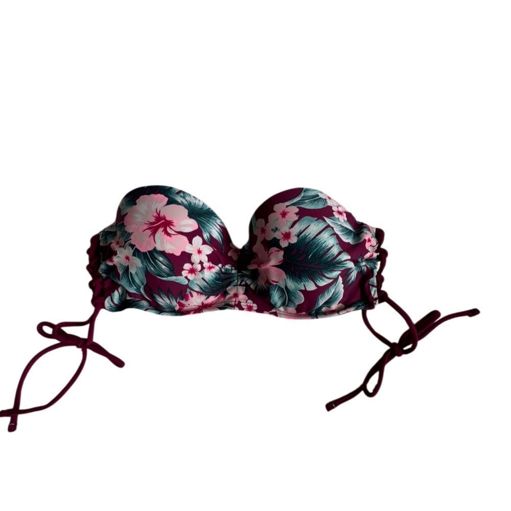 So Tropical Floral Bandeau Bikini Top Berry Pink & Tea Padded SZ M